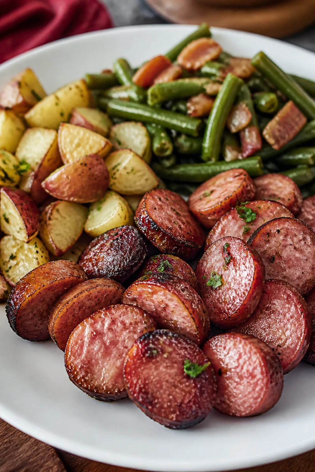 Close-up plated smoked sausage dinner on a white plate
