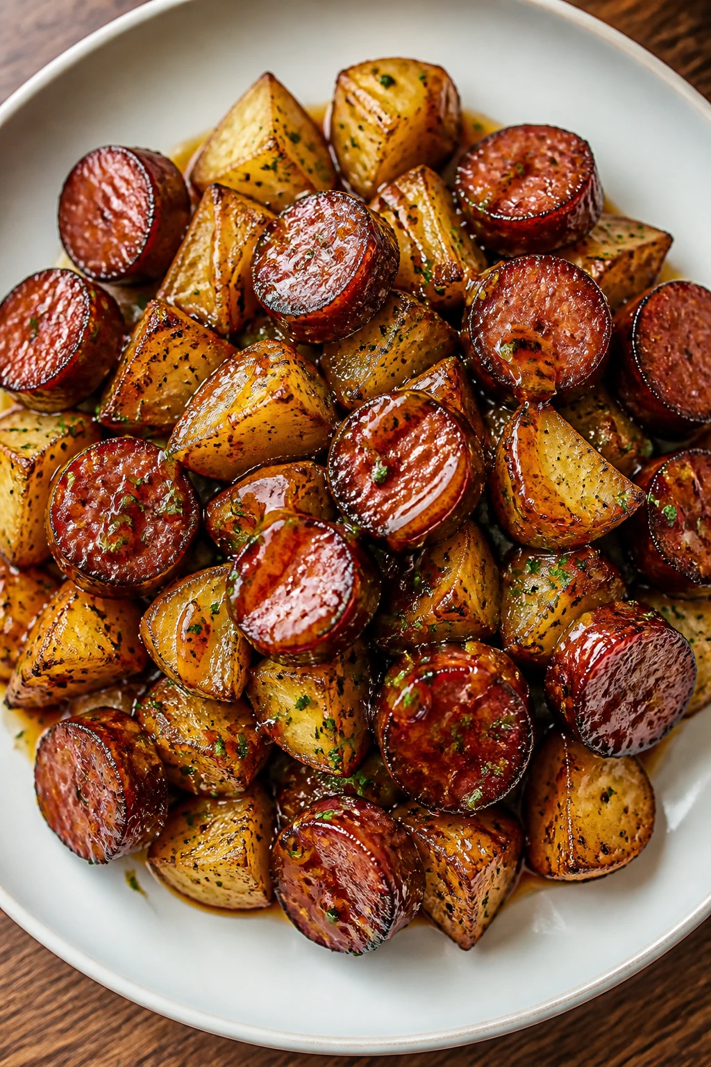 Plated sausage and potatoes with glossy glaze on a white plate