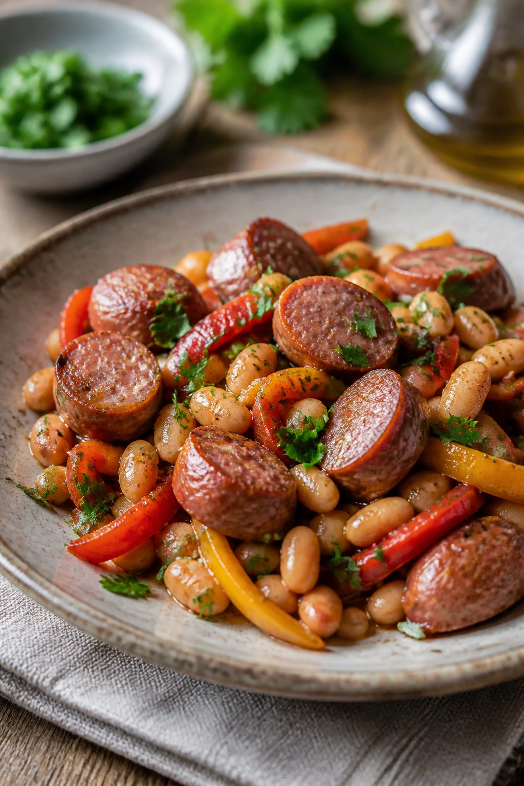 Plated sausage dish on a rustic plate with peppers and beans