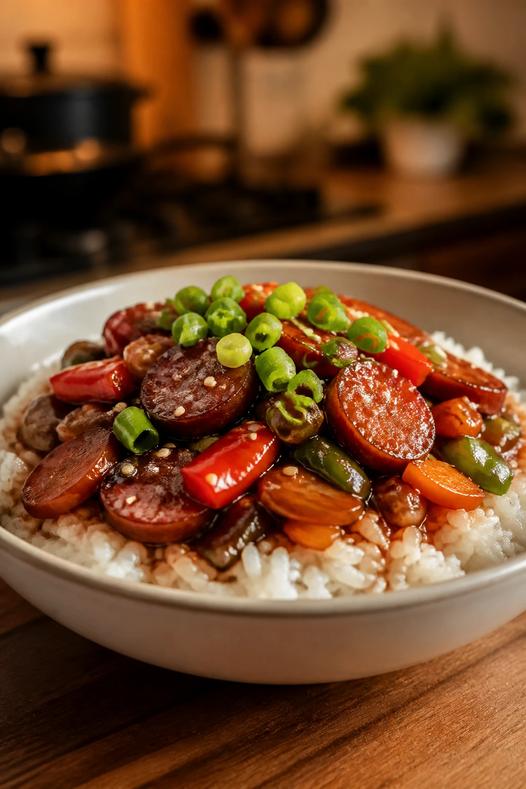 Close-up of plated sticky smoked sausage stir fry on jasmine rice with scallions and sesame seeds