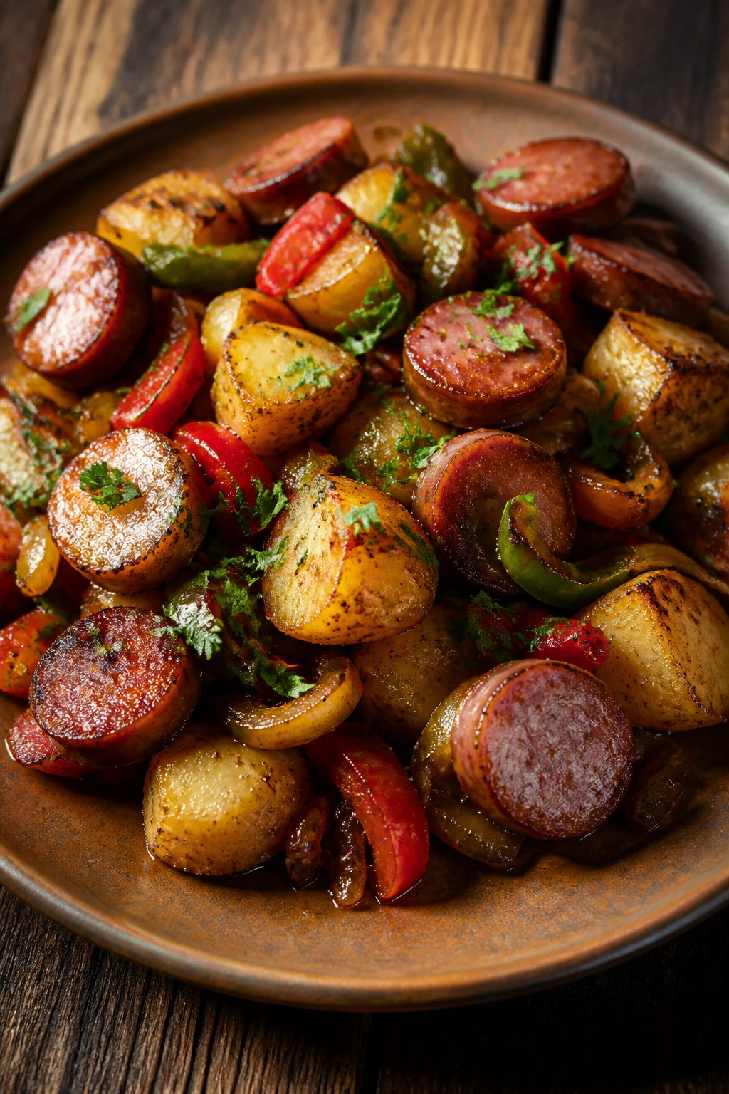 Plated skillet meal with sausage, potatoes, peppers, and parsley garnish