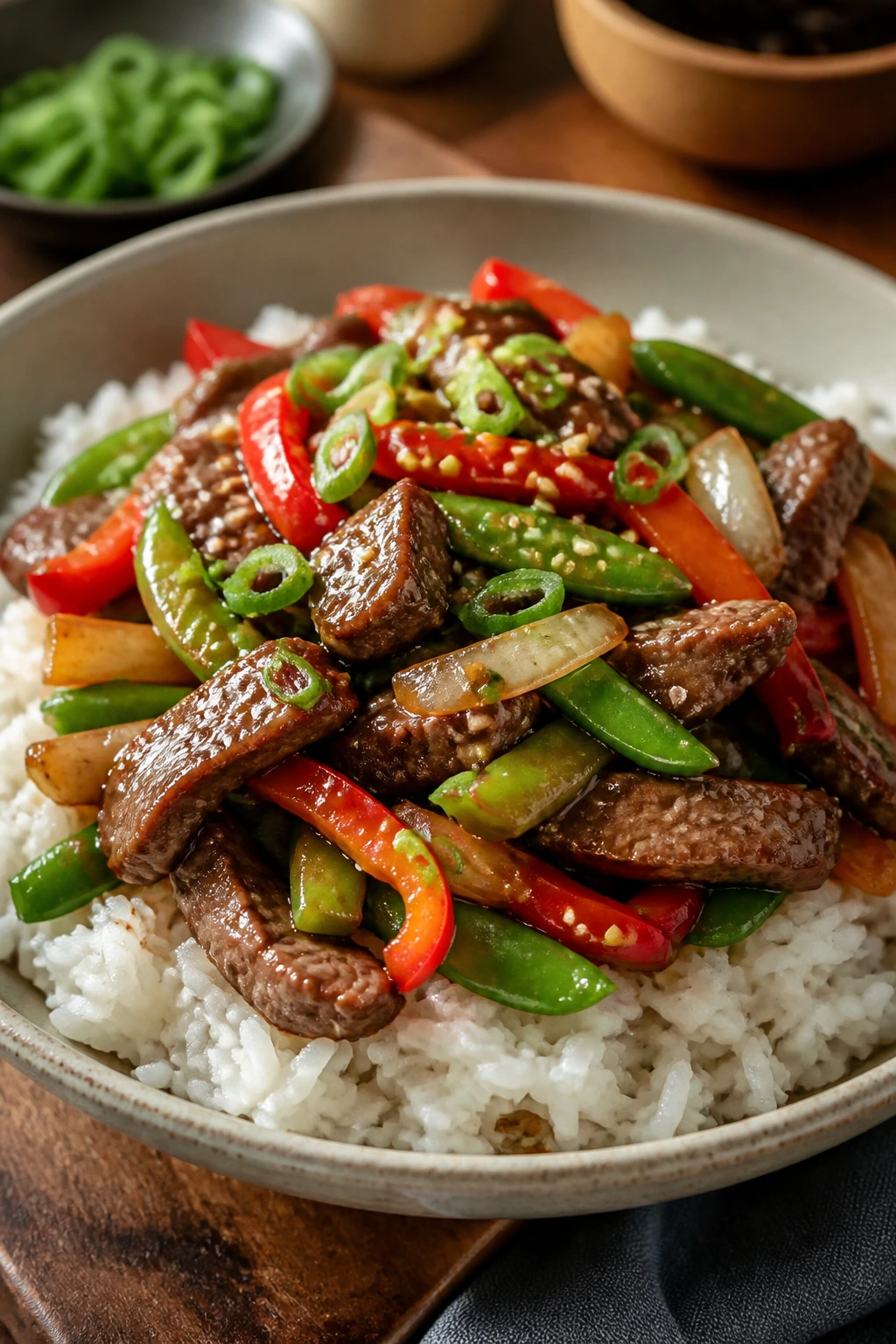 Stylishly plated stir-fry over rice with light garnish