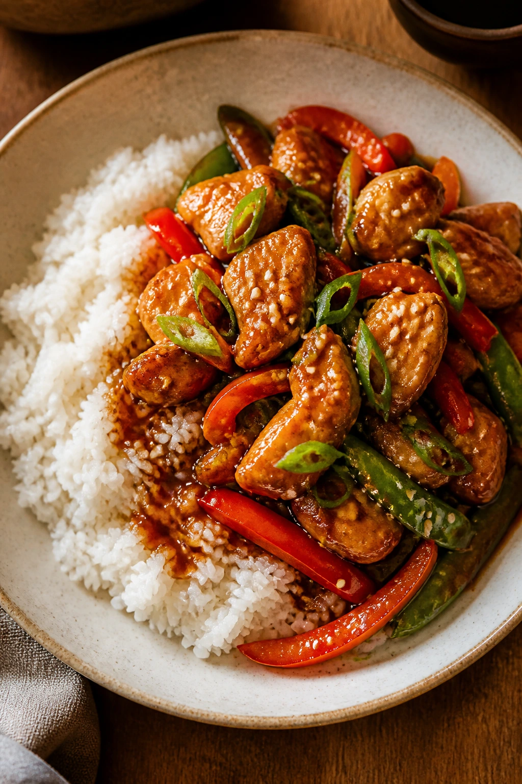 Overhead plated stir-fry with rice and chicken looks intentional