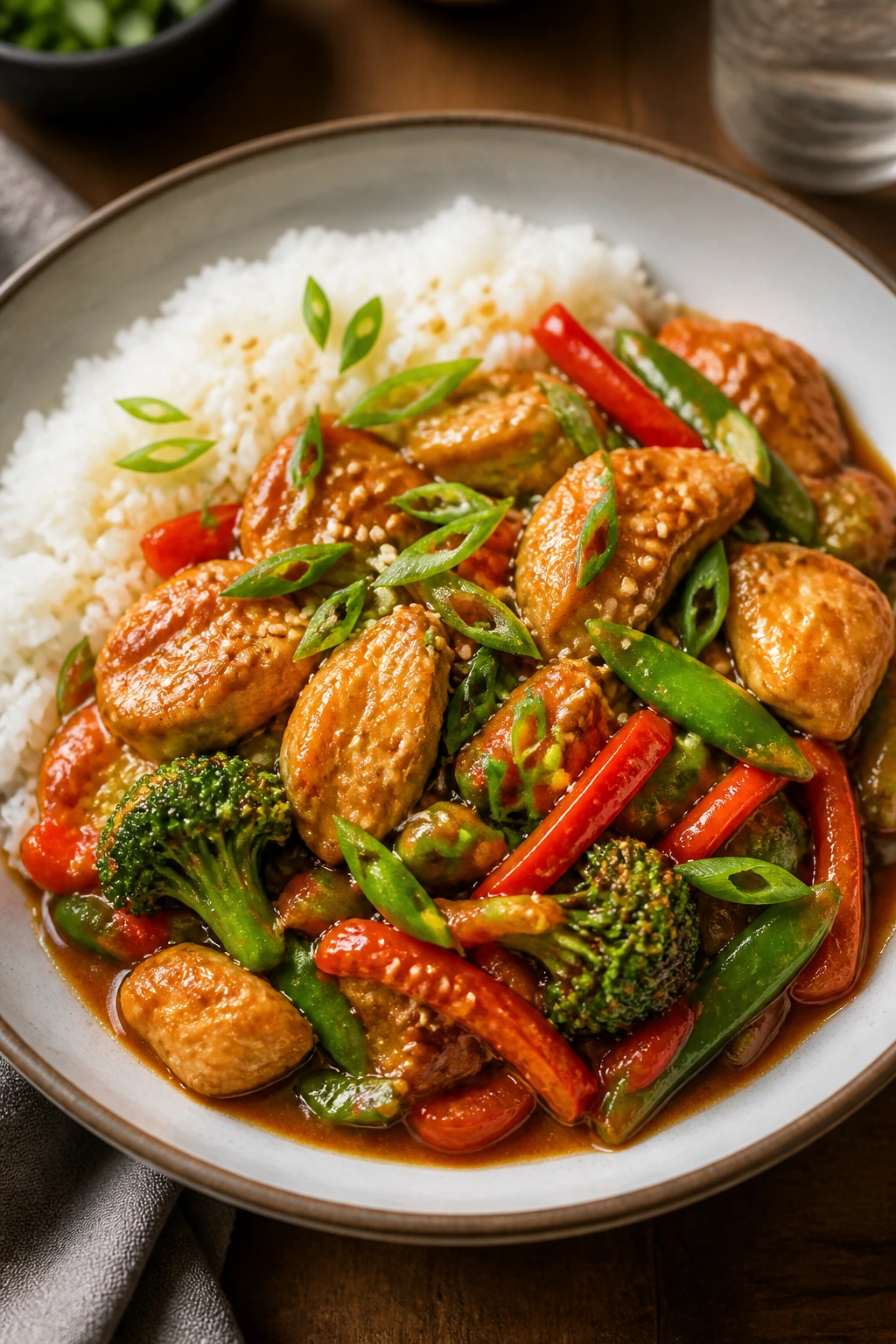 Plated stir fry in shallow bowl with sauce and sesame garnish on a table