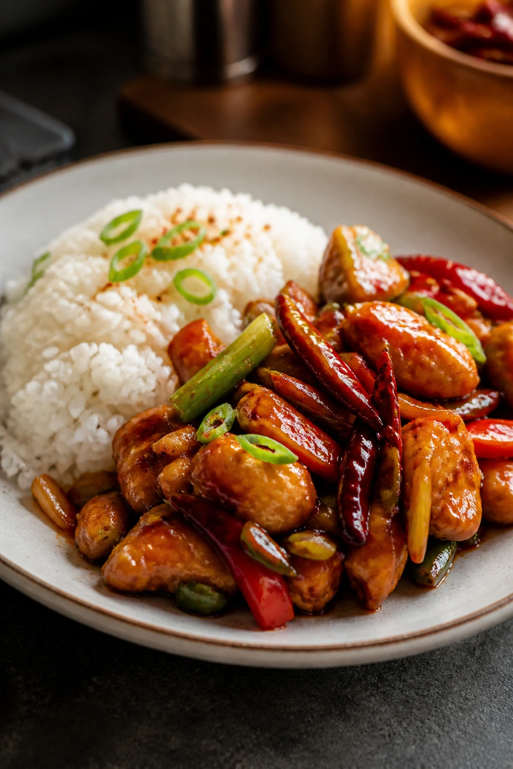 Plated rice and stir-fry arranged neatly on a plate