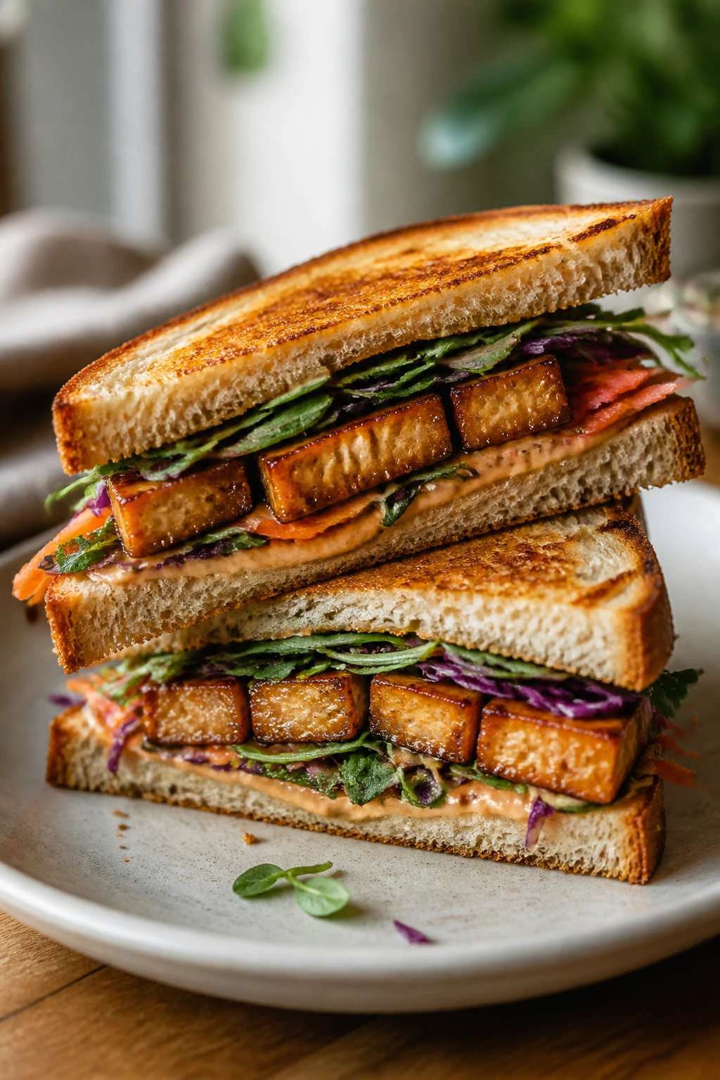 Diagonal-cut plated tofu sandwich showing layers on a plate
