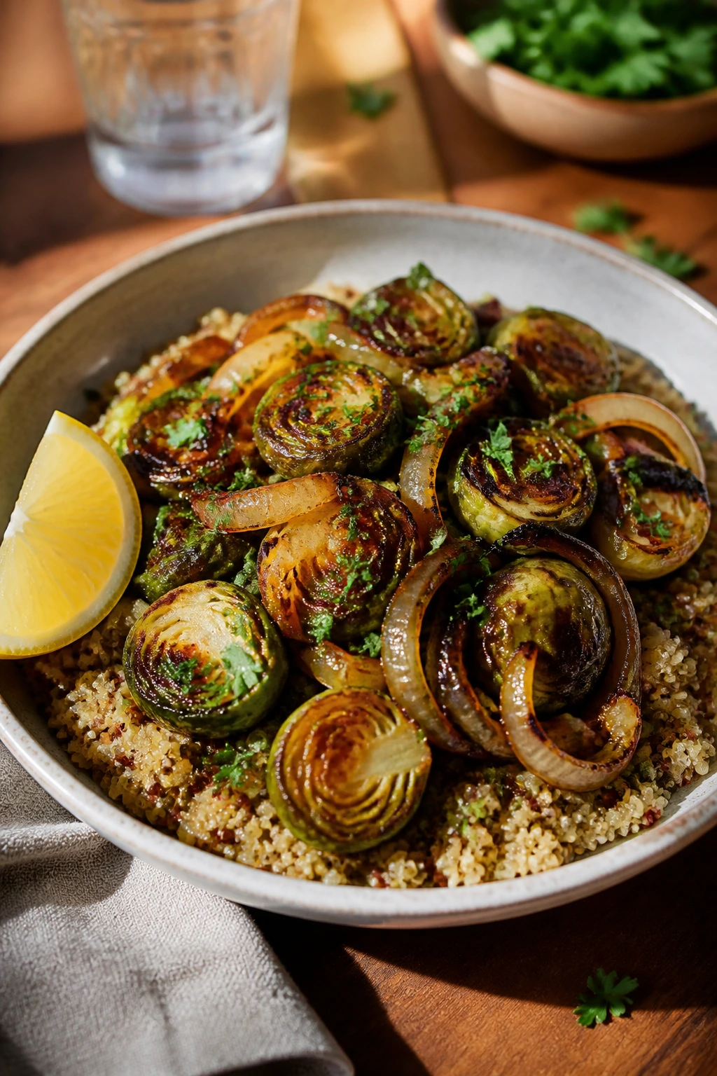 Plated caramelized vegetable skillet served over quinoa