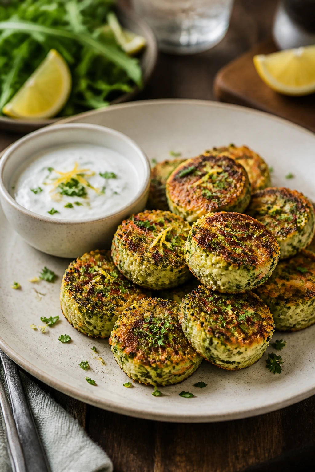 Plated veggie bites with yogurt dip on a warm wooden table