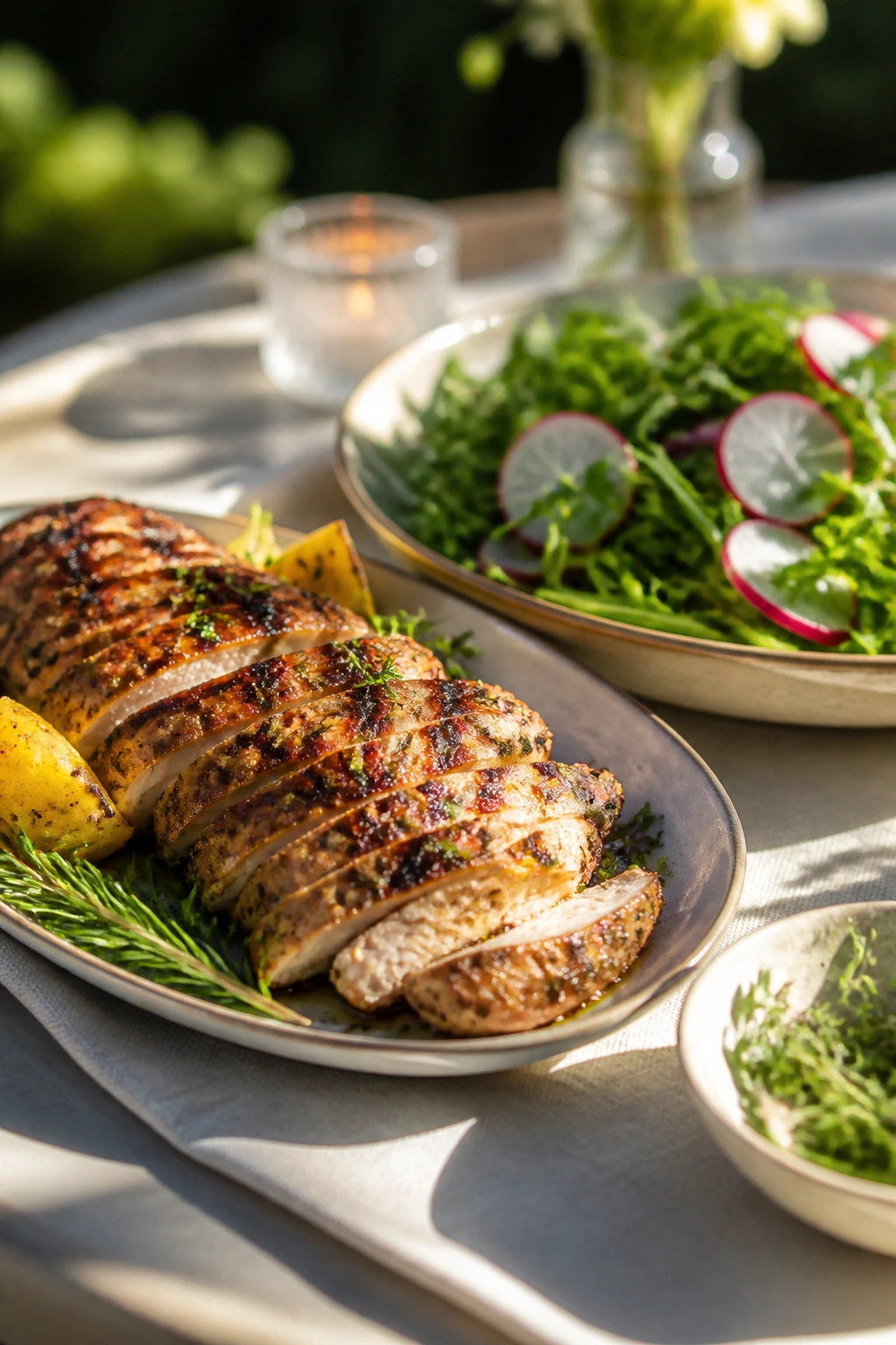 Thoughtfully plated backyard meal with grilled protein, herb salad, and radish garnish