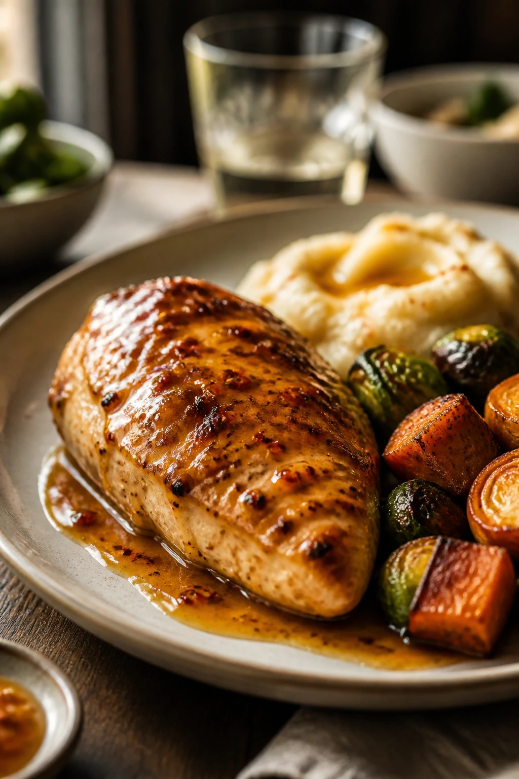 Plate with glazed protein and garnish showcasing hot honey serving.