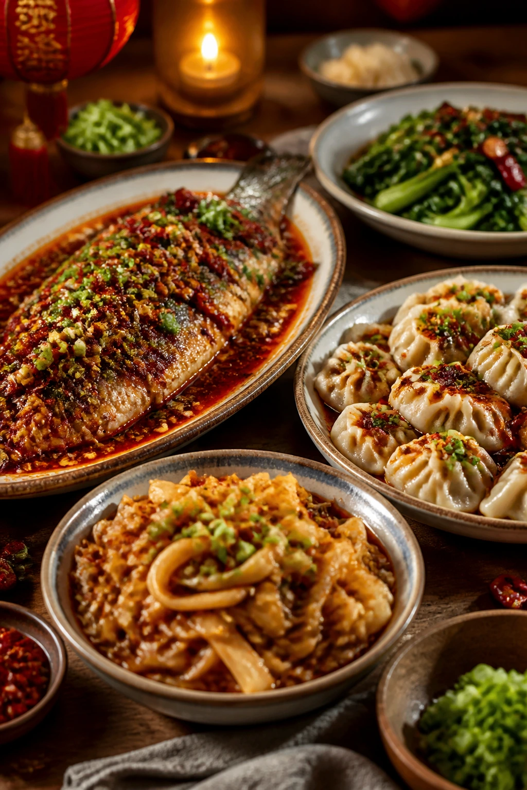 Close-up of a vibrant New Year plating spread with fish, greens, and noodles on wooden platters.