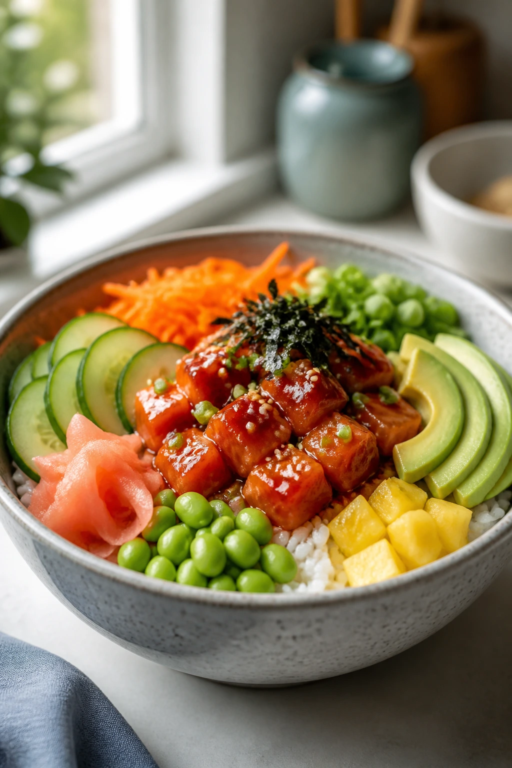 Centered poke bowl plated with separated sections around salmon on a bright kitchen table
