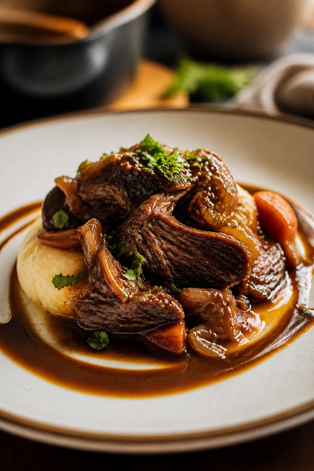 Plated saucy slow cooker dish with sauce around edges and parsley garnish