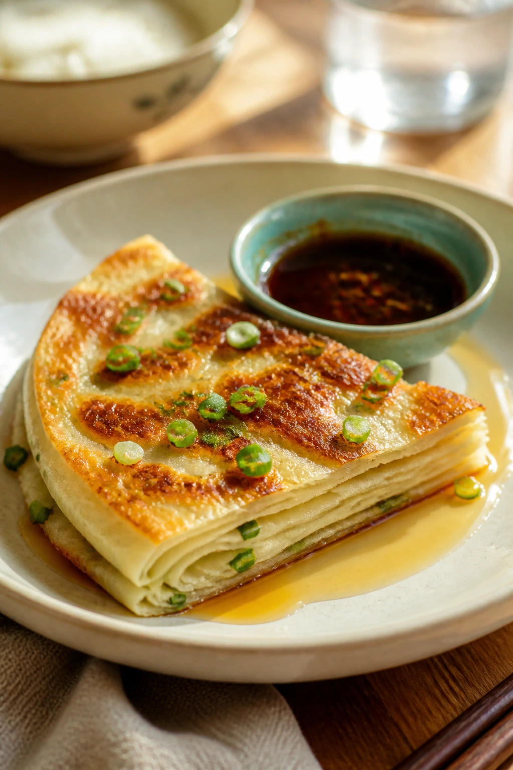 Plated scallion pancake with dipping sauce filling the frame.