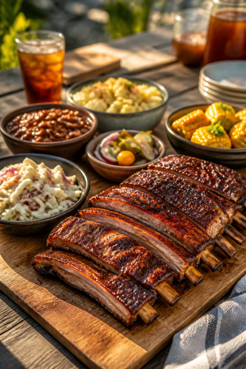 Plate of ribs with sides on a wooden board in an outdoor setting