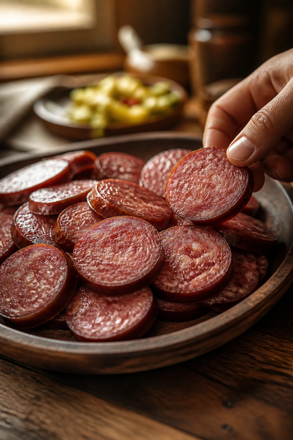 Rustic platter of sliced summer sausage being shared in a warm kitchen