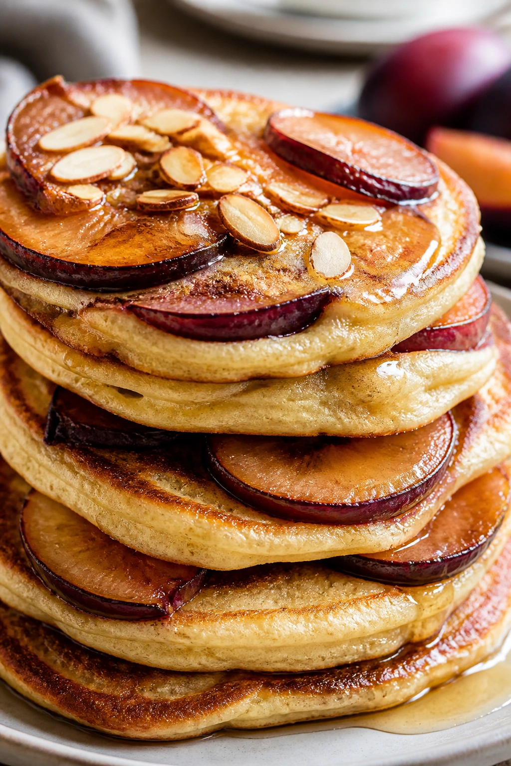 Close-up of plum almond pancakes on a plate