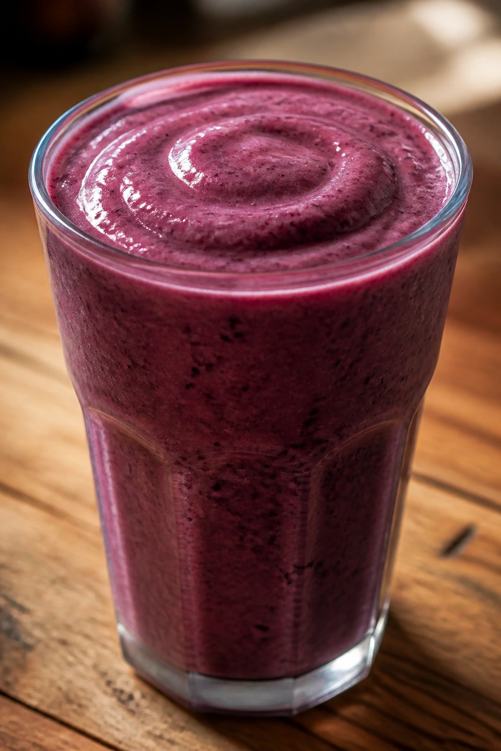 Close-up of Plum Black Tea Yogurt Smoothie in a glass on a counter