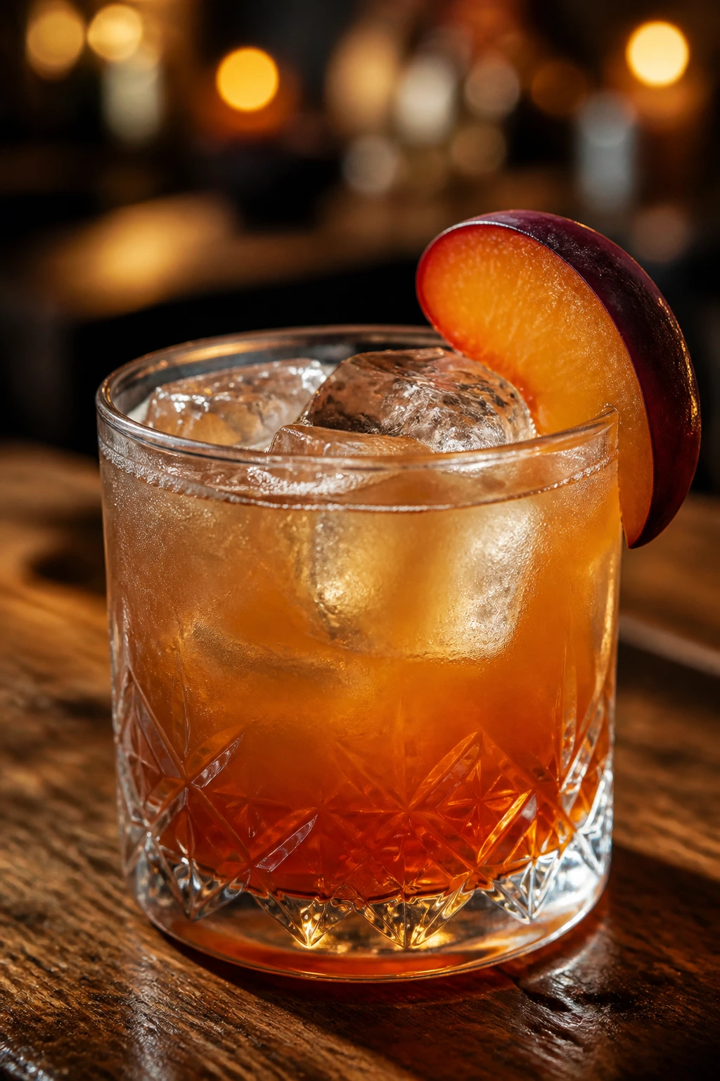 Close-up of plum brandy sour in a rocks glass with plum garnish on a warm bar backdrop
