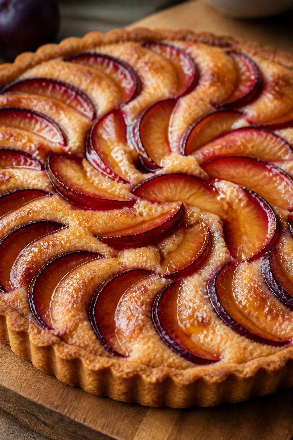 Close-up of plum frangipane tart with geometric plum slices