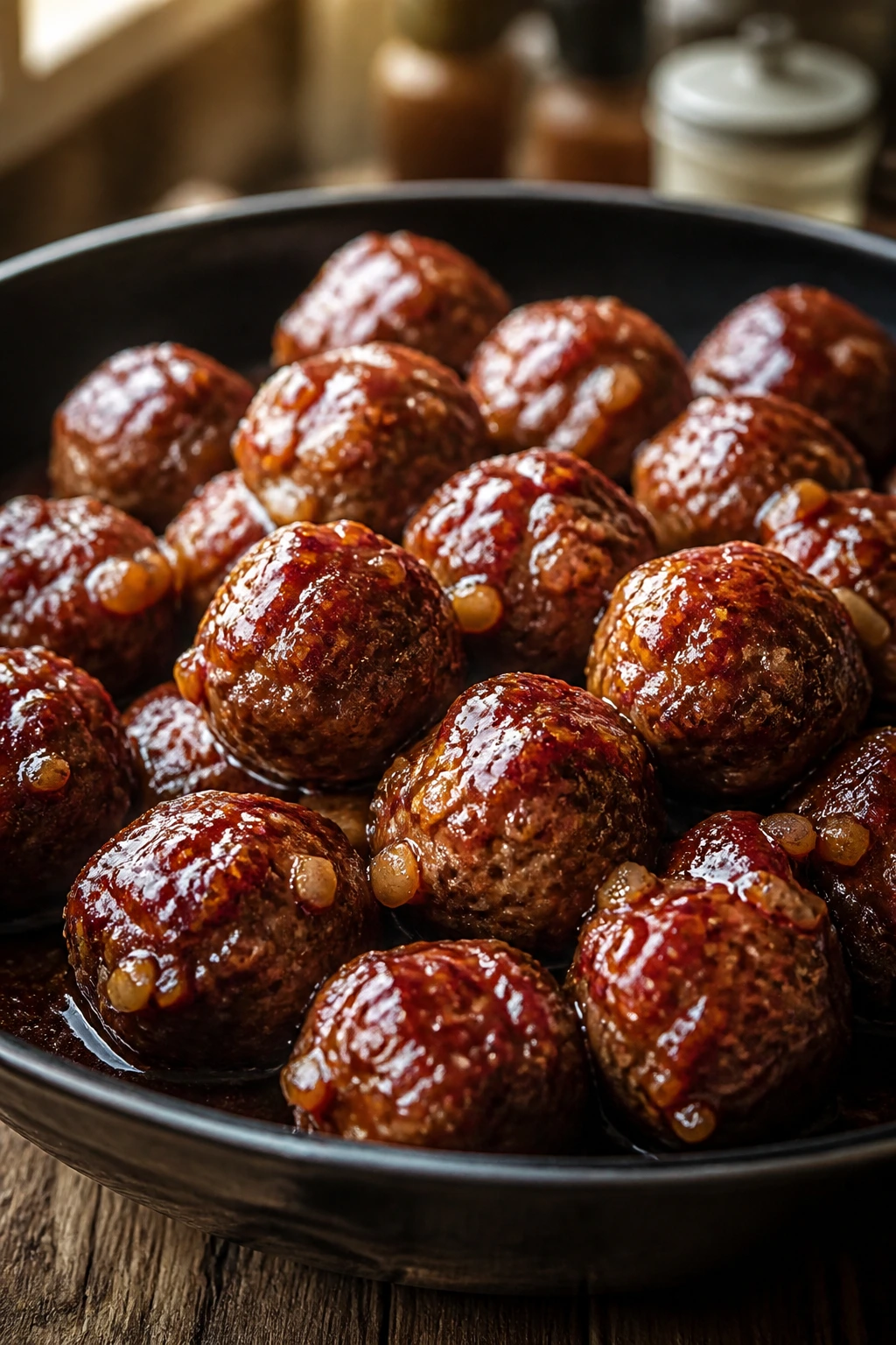 Plum garlic meatballs with glossy plum glaze and garlic flecks in skillet