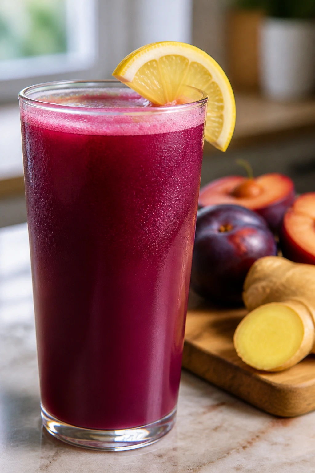 Glass of plum ginger lemon juice with plums and ginger in the background
