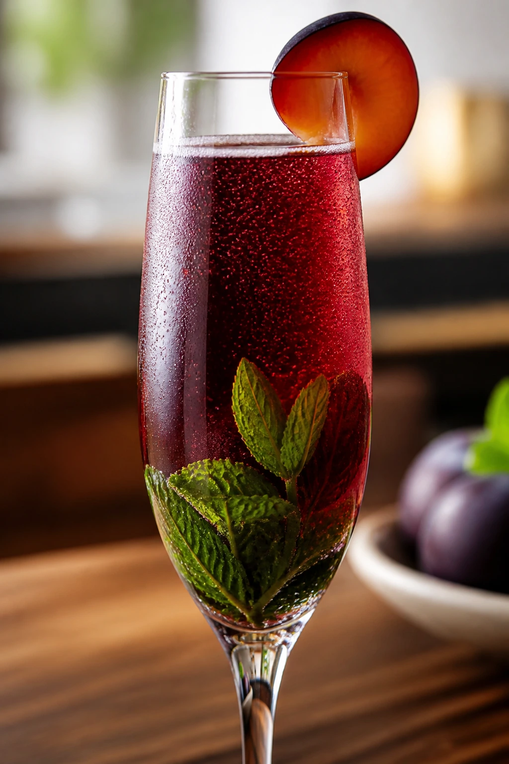 Close-up of Plum Mint Sparkler with mint leaf and plum slice garnish