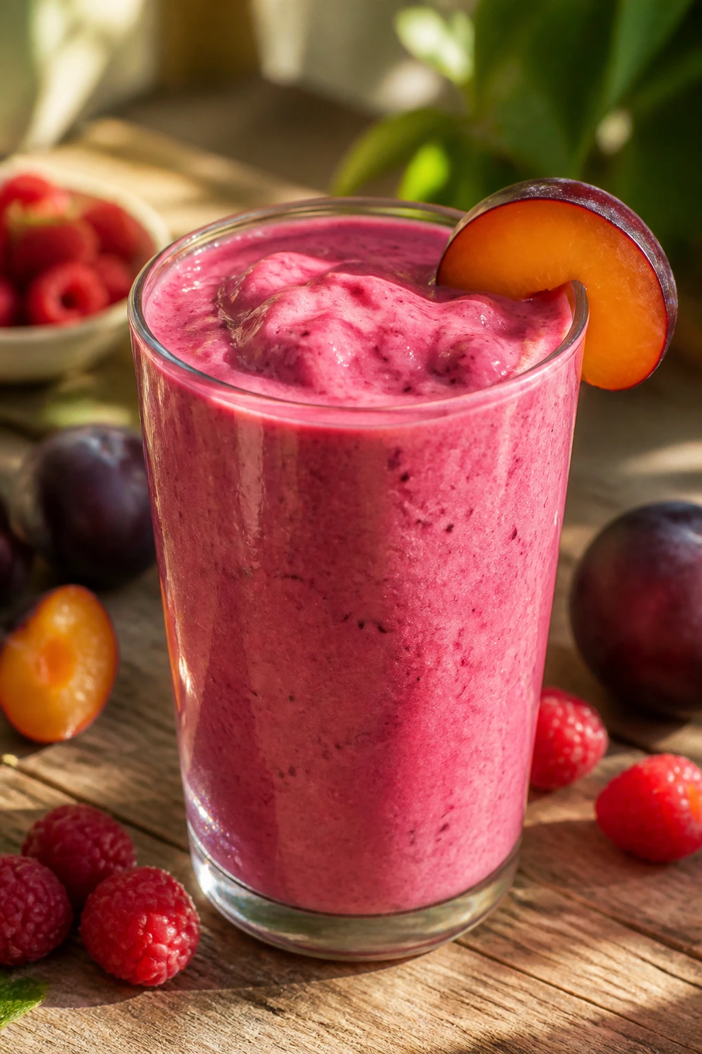 Thick plum raspberry smoothie in a glass with plum slice garnish
