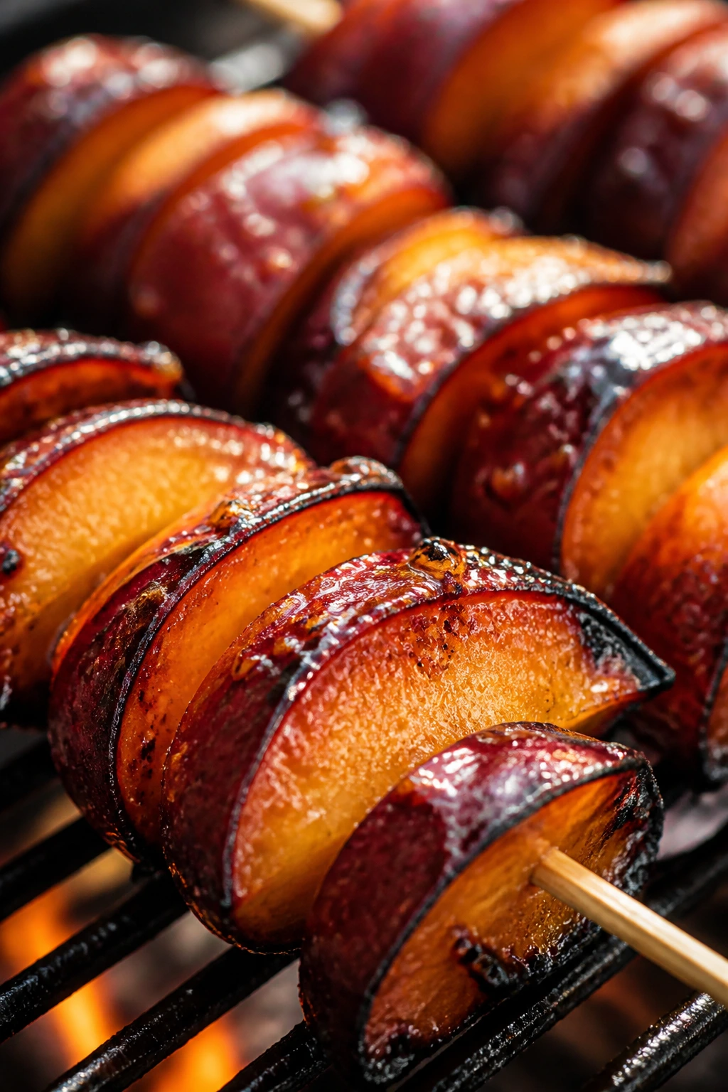 Close-up of plum wedges on a skewer with maple glaze grilled outdoors
