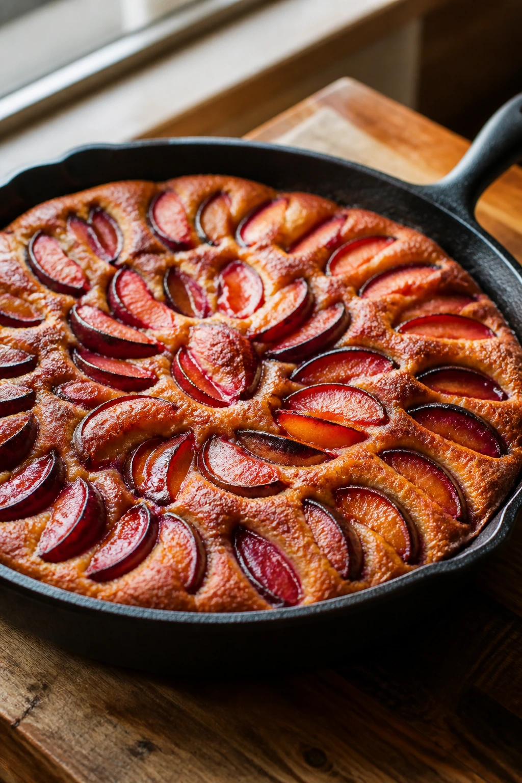 Close-up of plum skillet cake in cast-iron skillet with plum slices on top