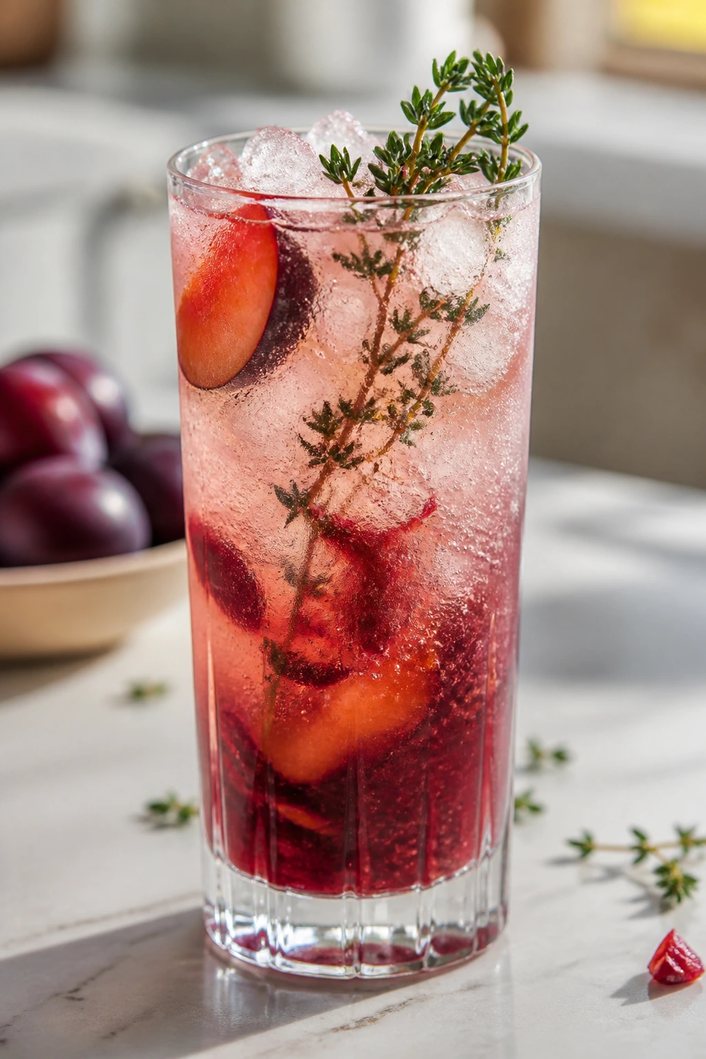 Highball glass with plum and thyme vodka collins, plum muddle and thyme garnish