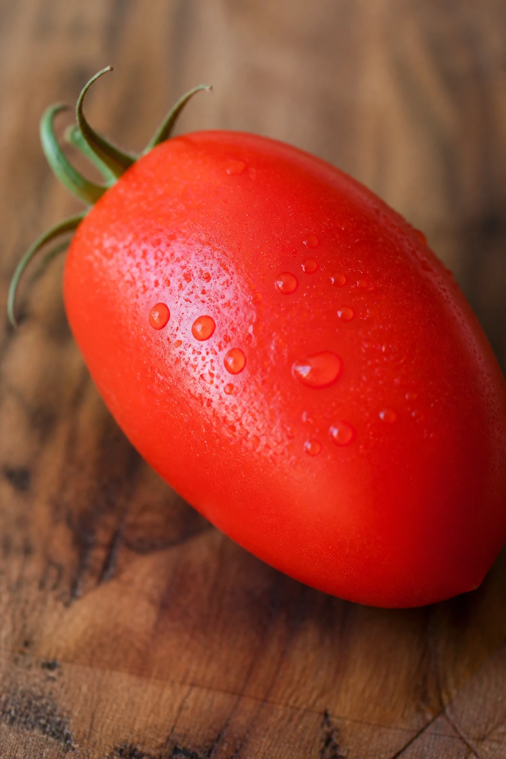 Close-up of a ripe plum tomato with dew on its skin