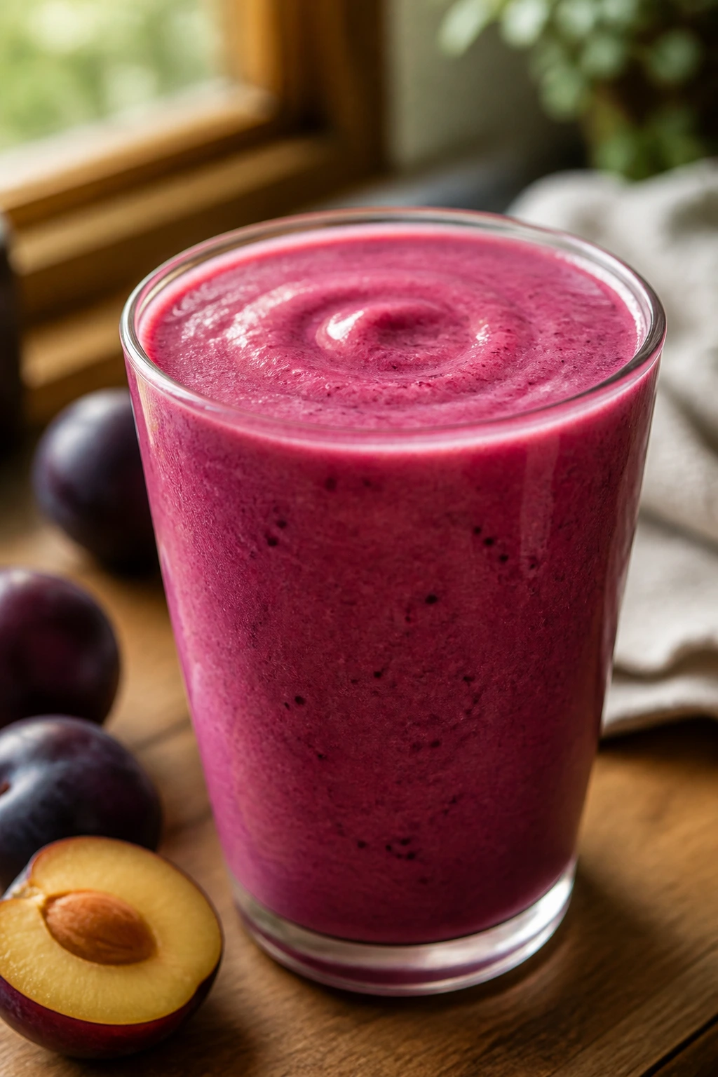 Close-up of Plum Vanilla Kefir Smoothie in a glass on a wooden kitchen counter with warm light