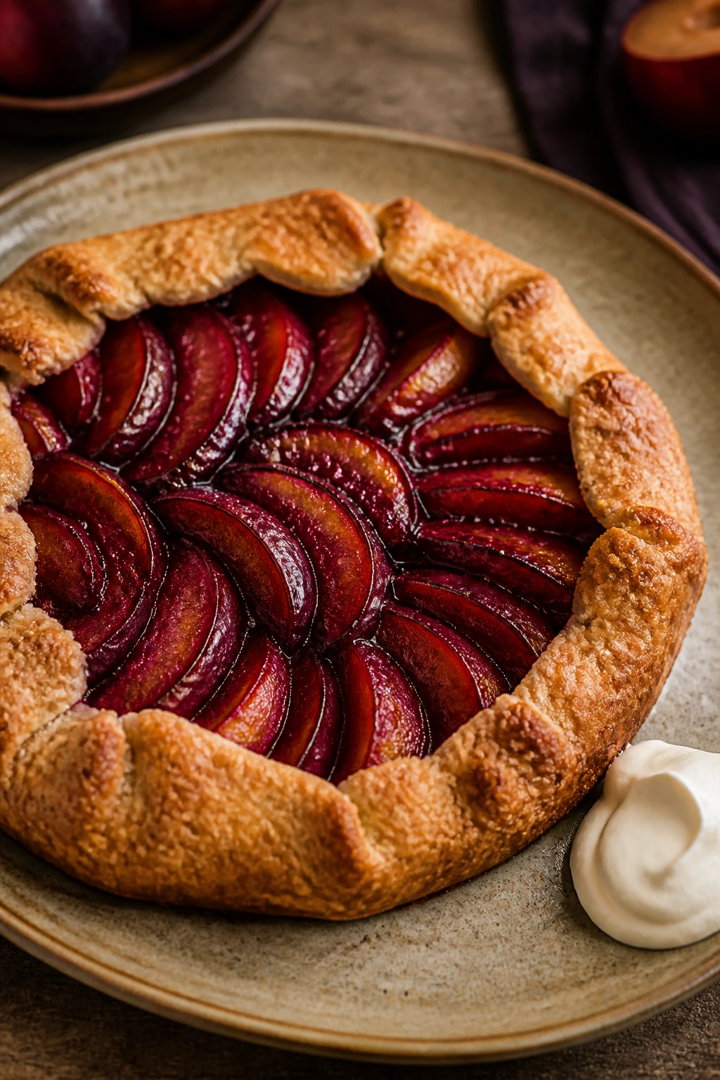 Plum galette with crème fraîche on rustic plate