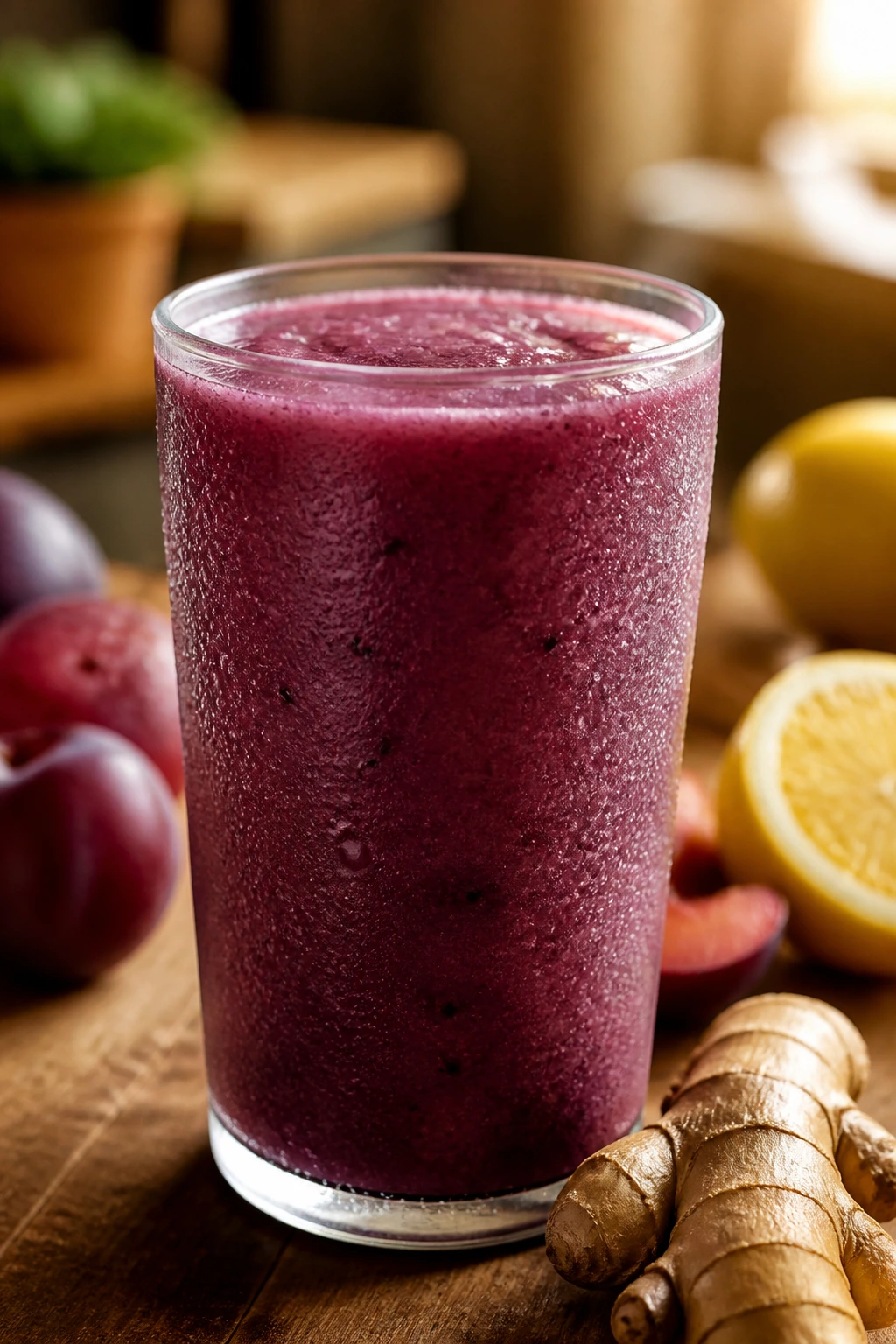 Close-up of plum ginger lemon smoothie in a glass