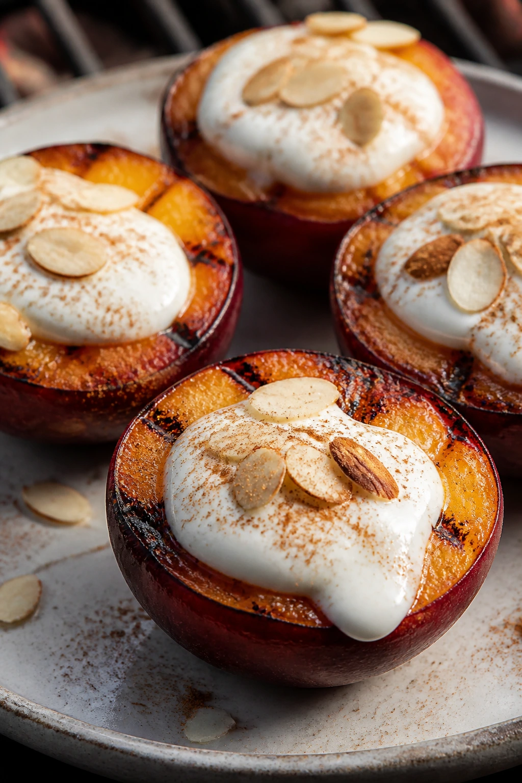 Close-up of vanilla yogurt on grilled plum halves with cinnamon and almonds