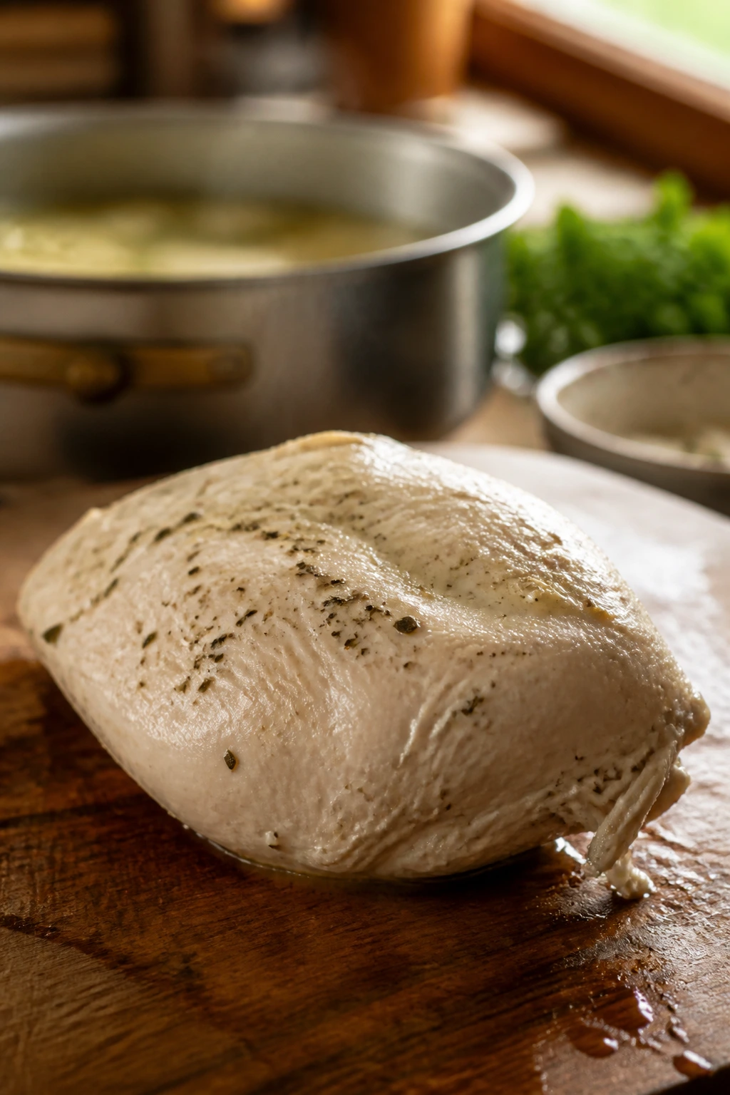 Close-up of a juicy poached chicken breast on a cutting board in a warm kitchen