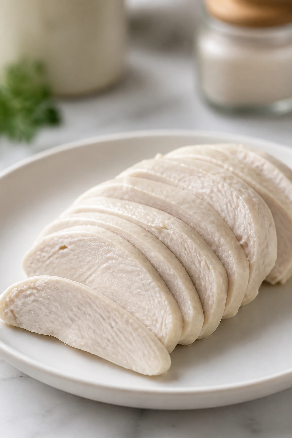 Sliced poached chicken breast on a plate