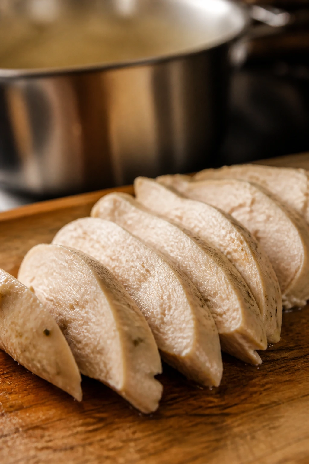 Sliced poached chicken breast on a wooden board with kitchen background