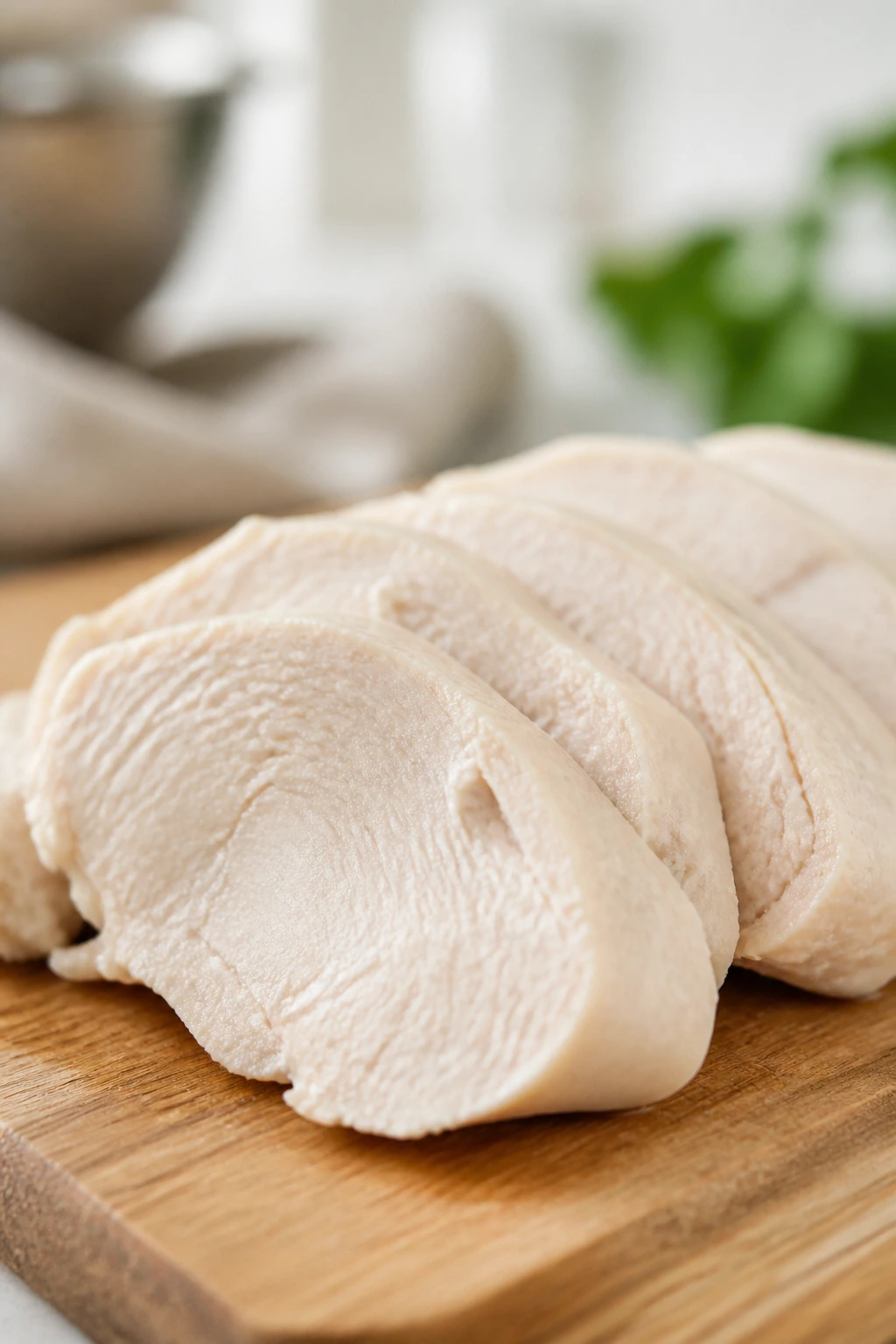 Close-up of poached chicken slices on a wooden board in a kitchen