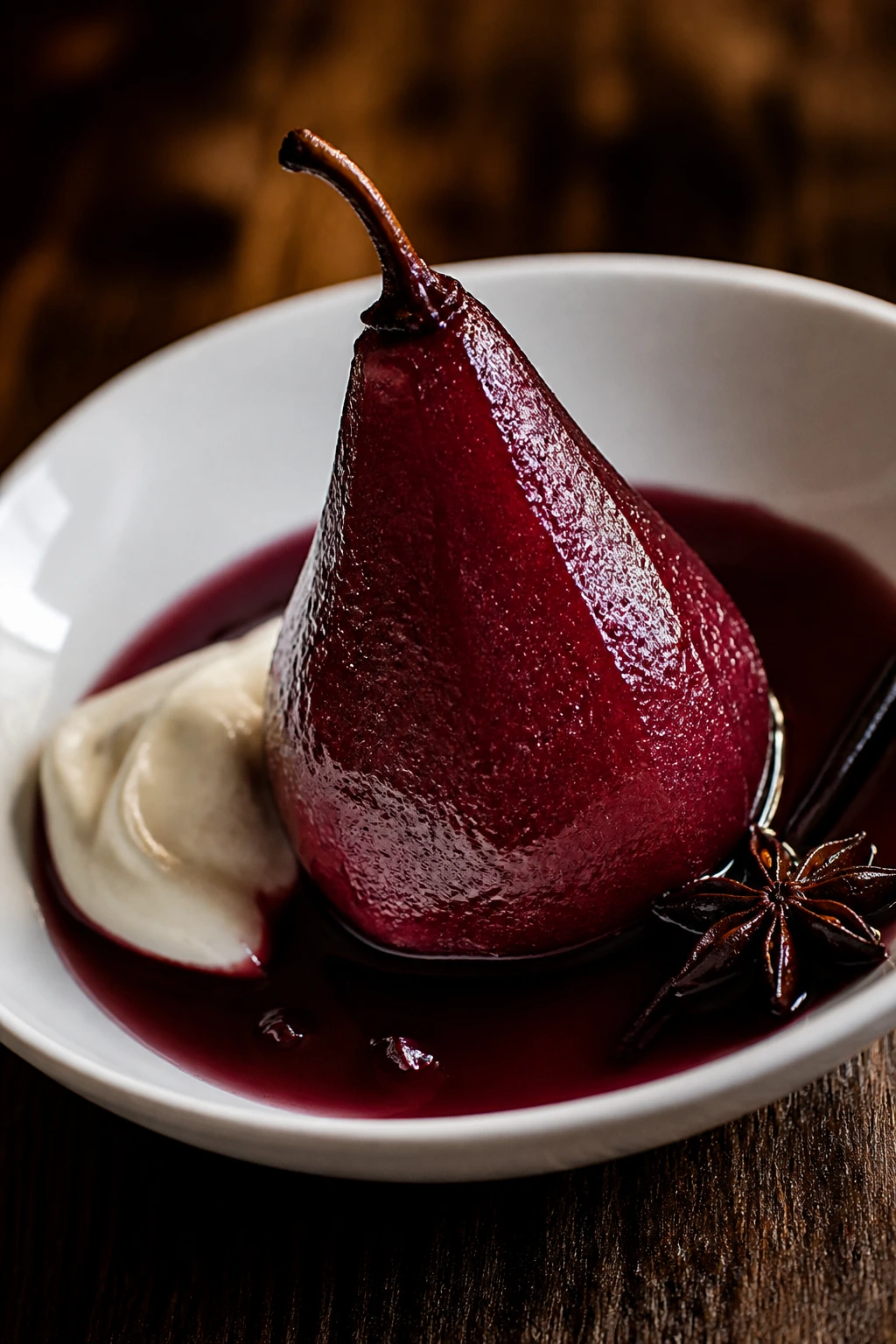 Single poached pear in red wine on a plate
