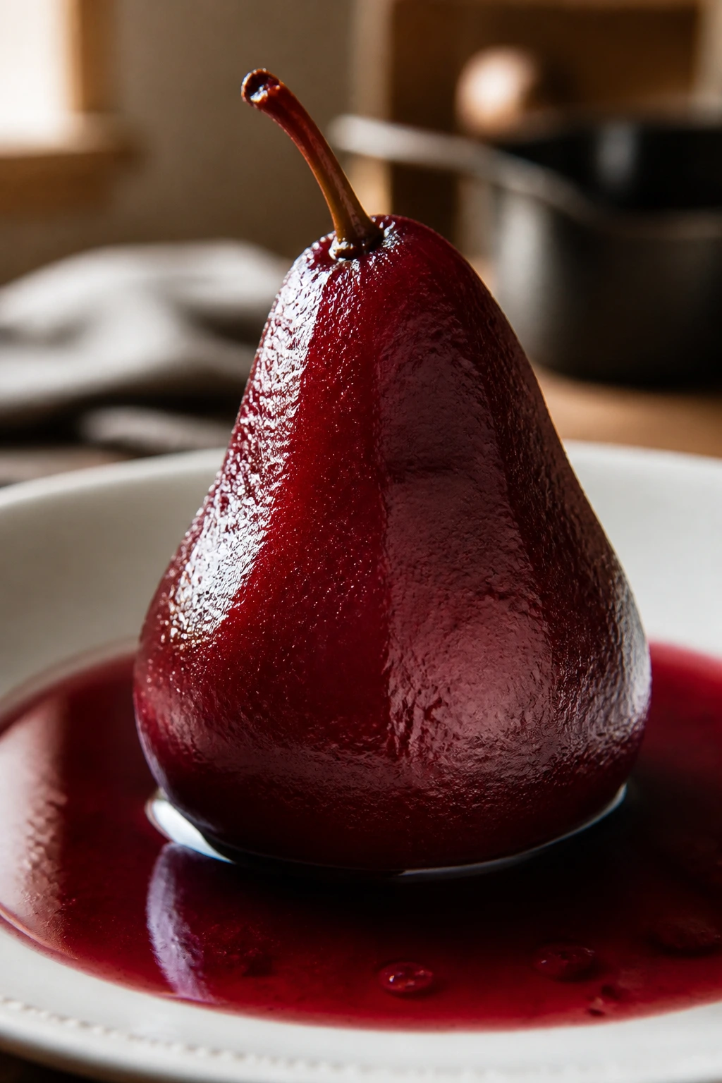 Close-up of a single poached pear in red wine syrup on a plate