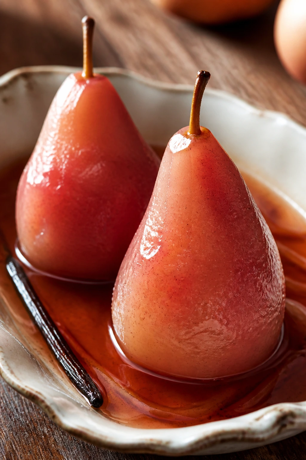Two poached pears in vanilla syrup on a shallow dish in a warm kitchen.