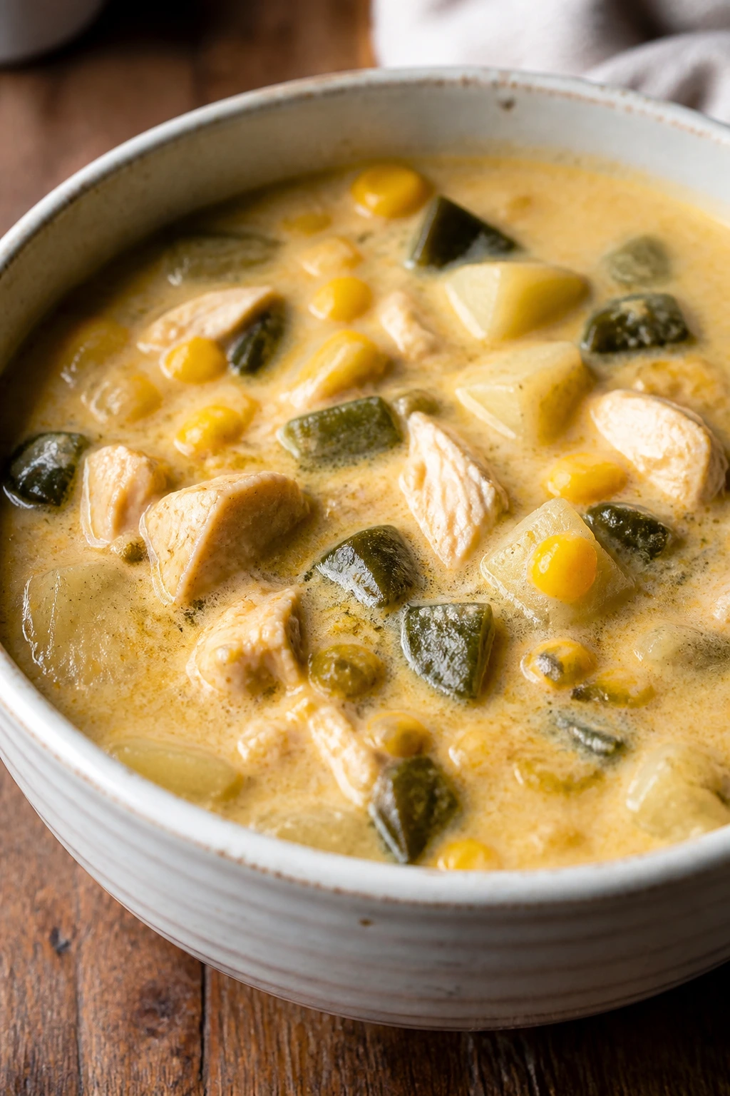 Close-up of creamy Poblano Chicken Chowder with chicken, potatoes, corn, and poblano peppers in a rustic bowl