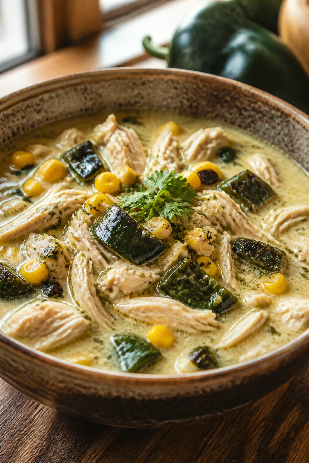 Close-up of poblano chicken soup in a ceramic bowl with roasted peppers and corn.