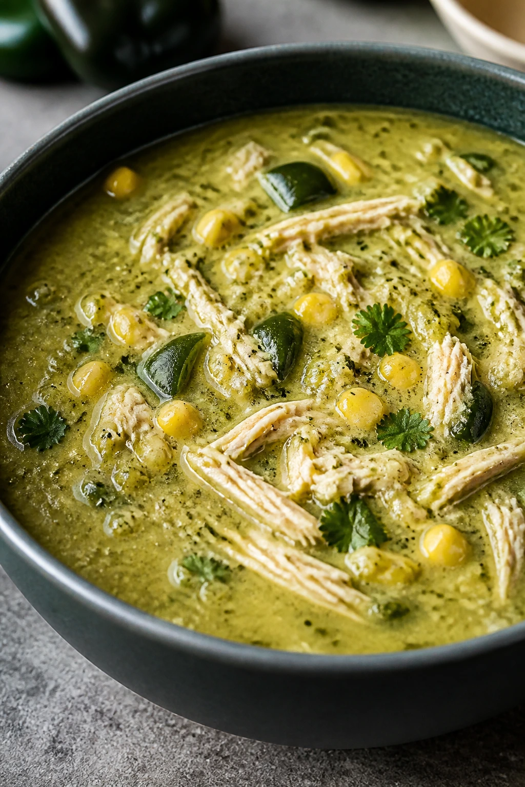 Close-up of Poblano Chicken Soup in a green bowl with chicken and corn