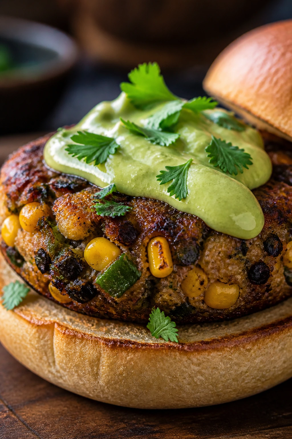 Burger patty with poblano, corn, and avocado crema
