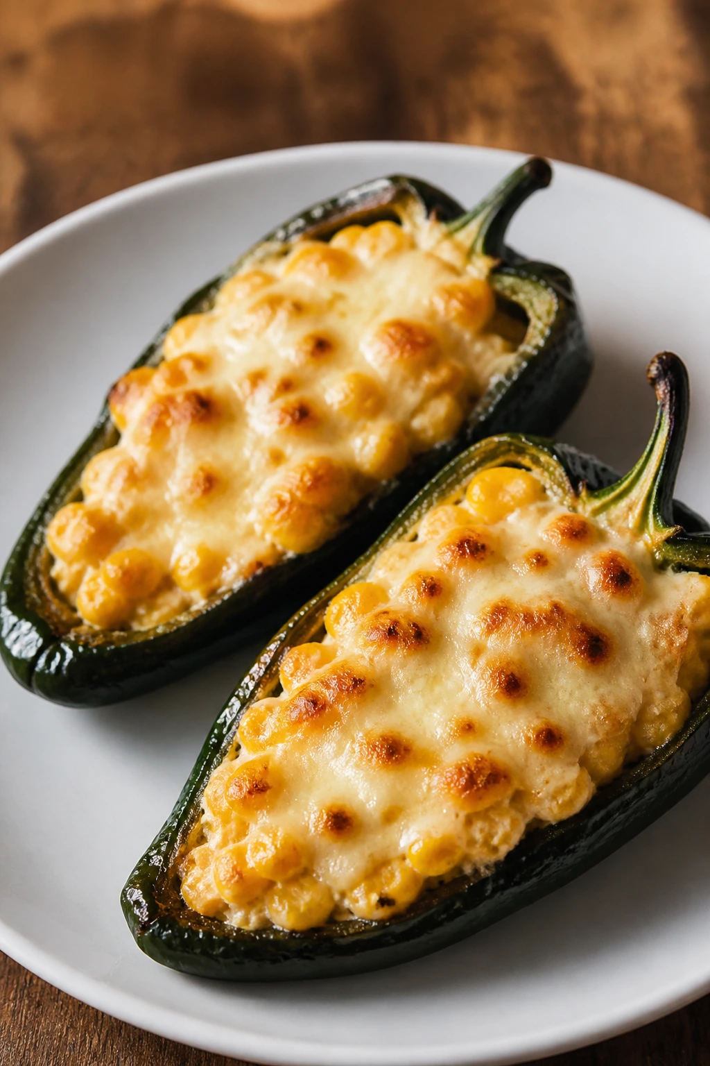 Close-up of poblano halves stuffed with corn and cheese on a plate