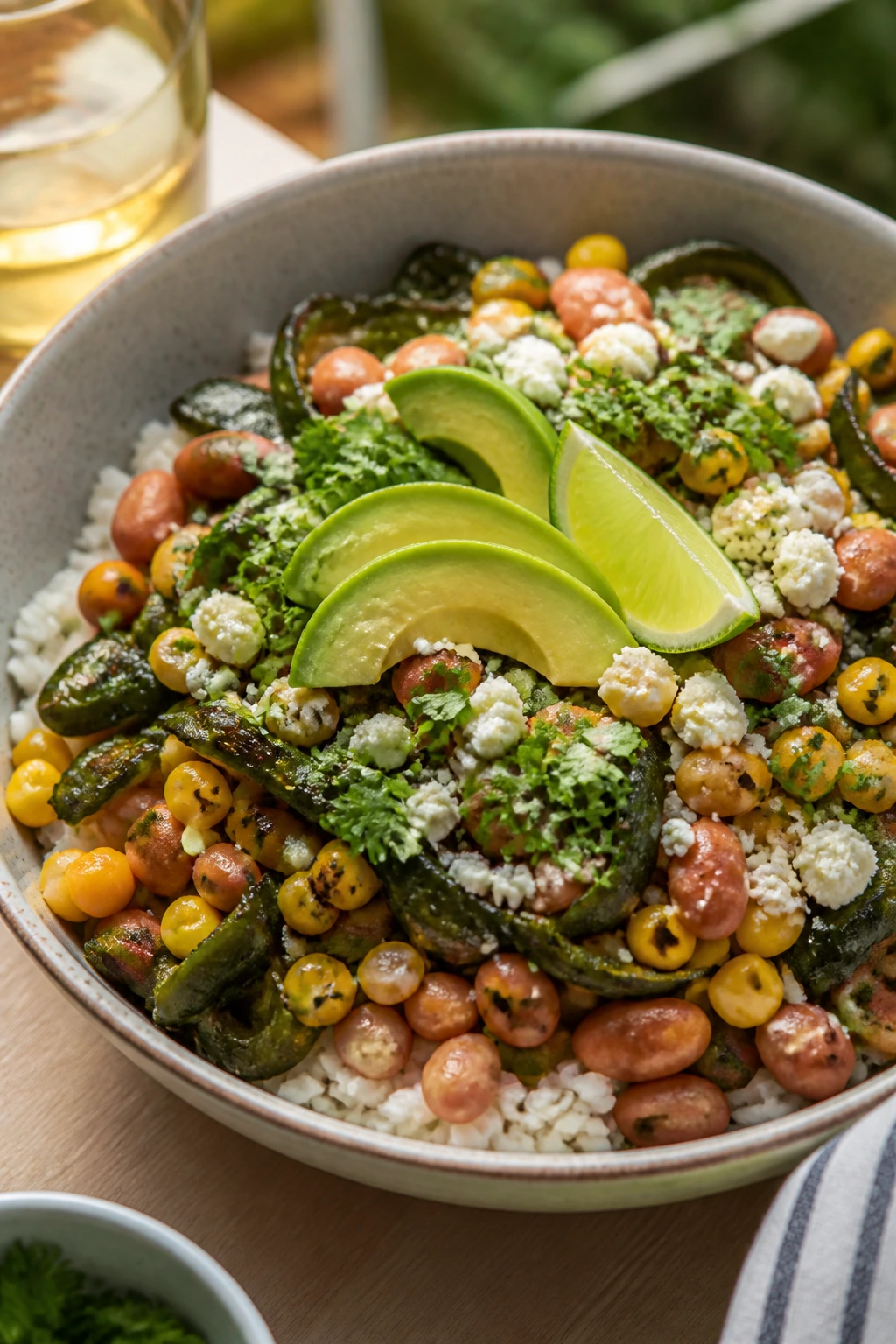 Close-up Poblano Corn and Pinto Bowl with peppers, corn, beans, rice, avocado, cilantro, lime, and cotija
