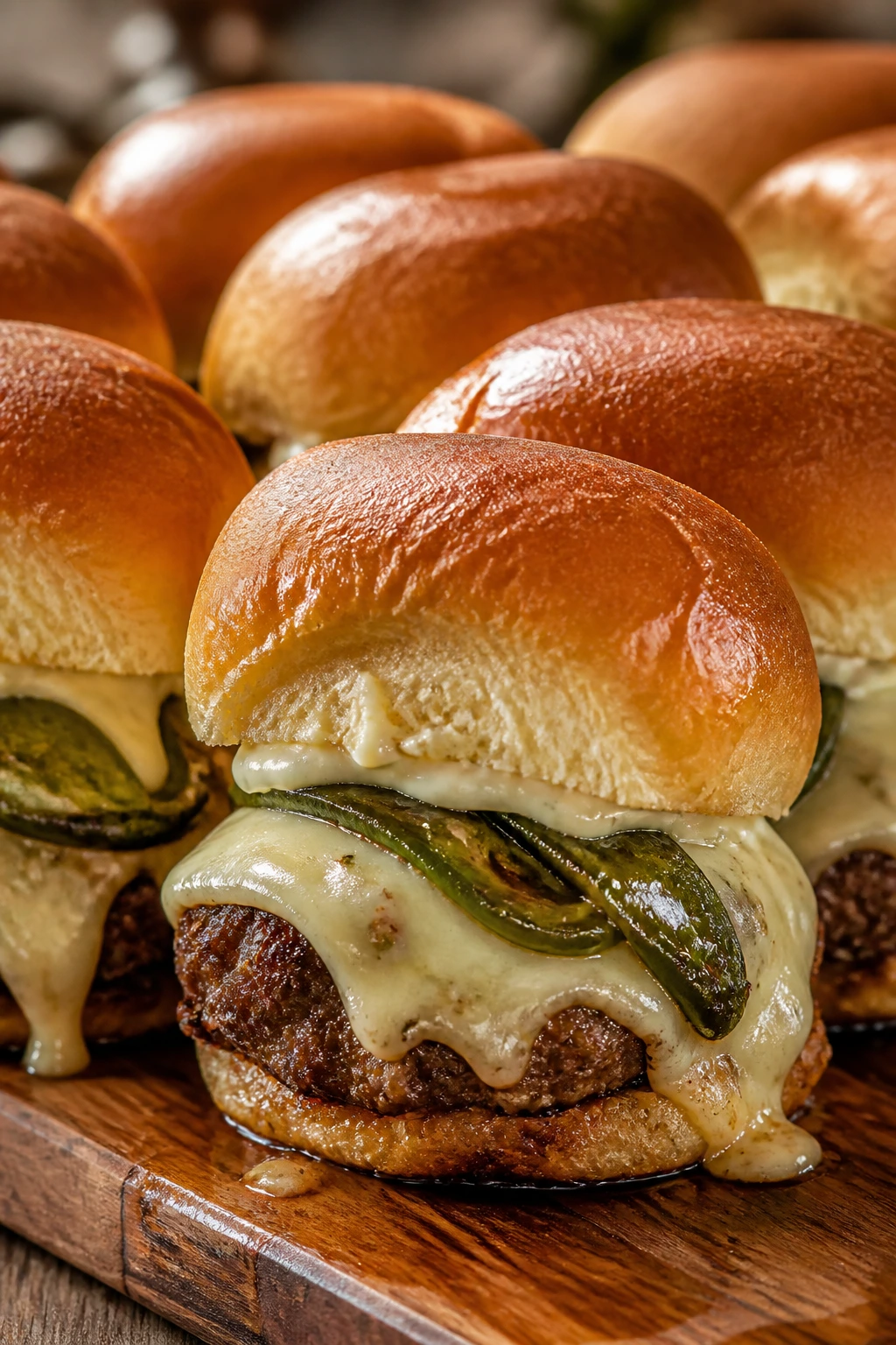Sliders with roasted poblano peppers and pepper jack cheese on a wooden board